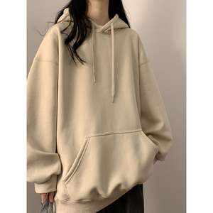 春秋新款奥利绒纯色宽松女连帽卫衣毛内胆斜插袋薄款女青春款外衣