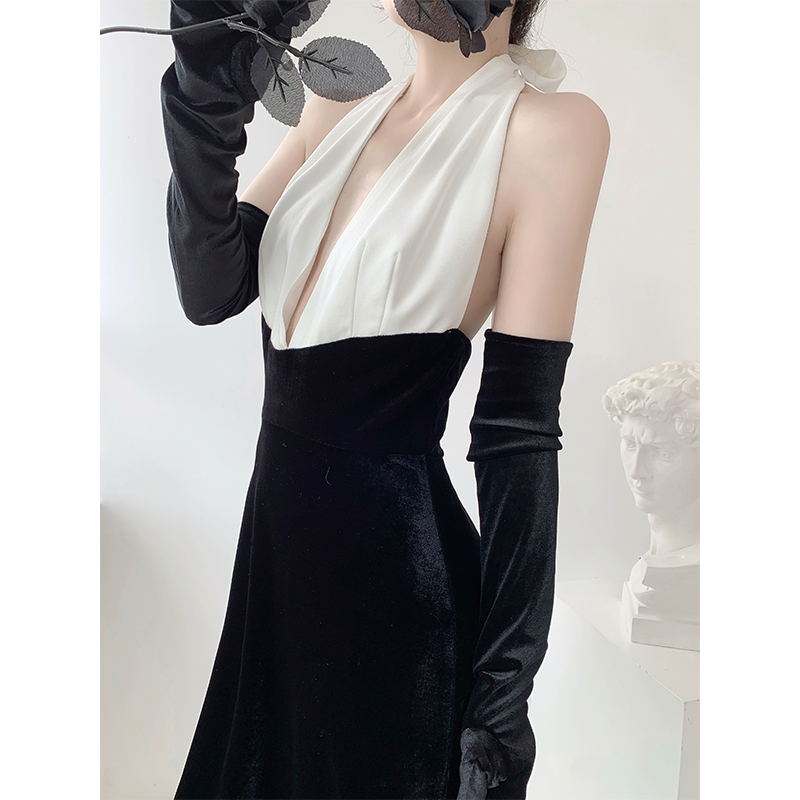Moony love年会主持敬酒晚宴晚礼服2022新品日常聚会复古小黑裙女