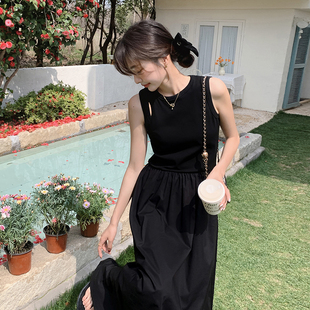 新款 小黑裙高级感显瘦无袖 拼接背心连衣裙女2024夏季 法式 长裙