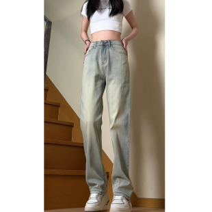 801P52控78 子B329 黄泥染直筒牛仔裤 女春洗做旧显瘦百搭长裤