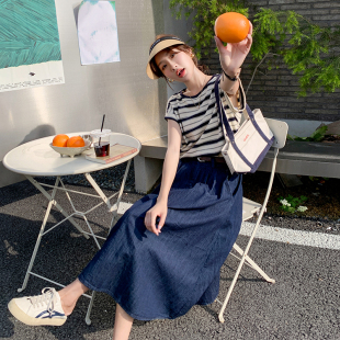 高级感显瘦半身裙休闲两件套爆 裙女夏新款 小香风飞袖 条纹上衣套装