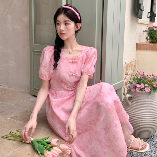 仙女裙 玫粉色印花连衣裙夏女2024新款 泡泡袖 新中式 盘扣甜美中长款