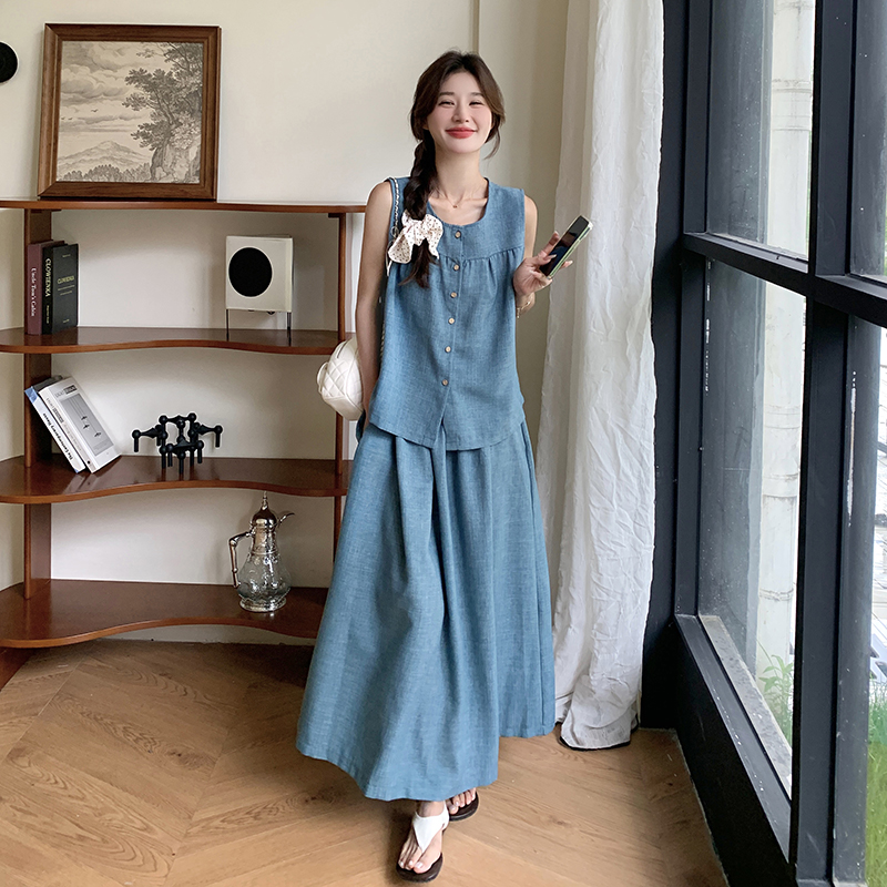 港风牛仔马甲半身裙套装女夏季2025新款减龄盐甜系背心上衣两件套