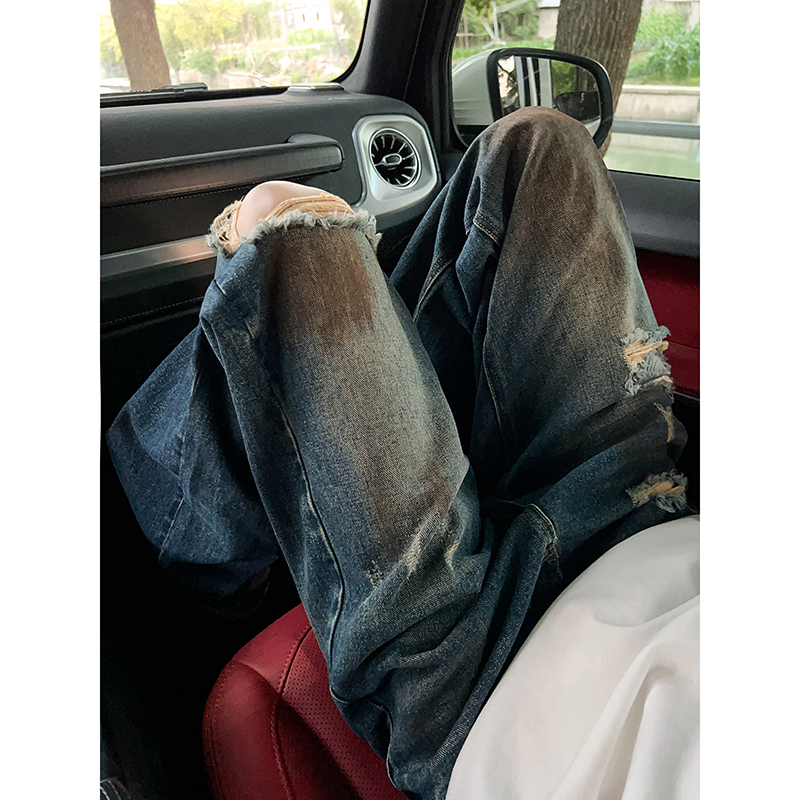 B221美式ins高街暗黑宽松直筒破洞喷墨乞丐牛仔裤LK24202-P60控78