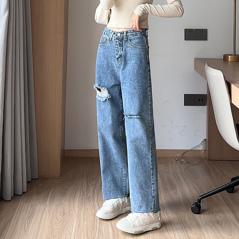 2023年春季女装/女士精品牛仔裤四季通用阔脚裤高腰浅色水洗