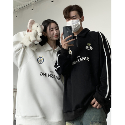 实拍 情侣秋装美式拼接织带印花情侣卫衣运动翻领外套 男女 G106