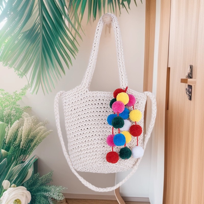 新款圆筒小包森系棉线手腕草编包时尚单肩沙滩包休闲女包编织包