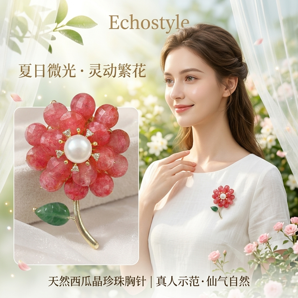 甜蜜剔透天然西瓜晶碧玺花朵造型混合材质珍珠胸针扣针独立设计