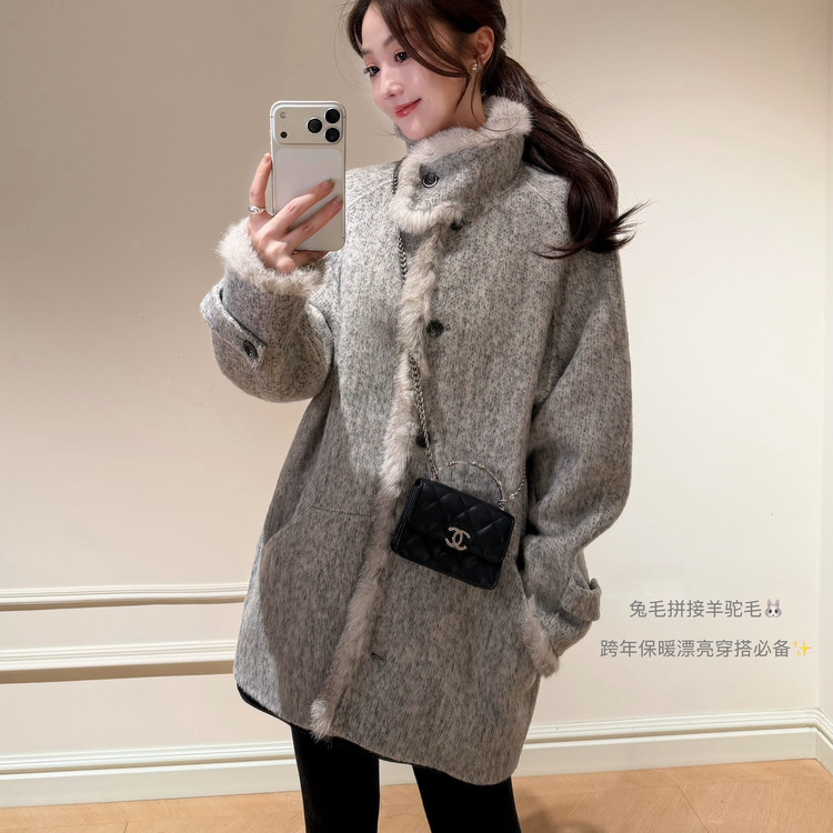 复古皮草感兔毛立领羊绒毛呢外套