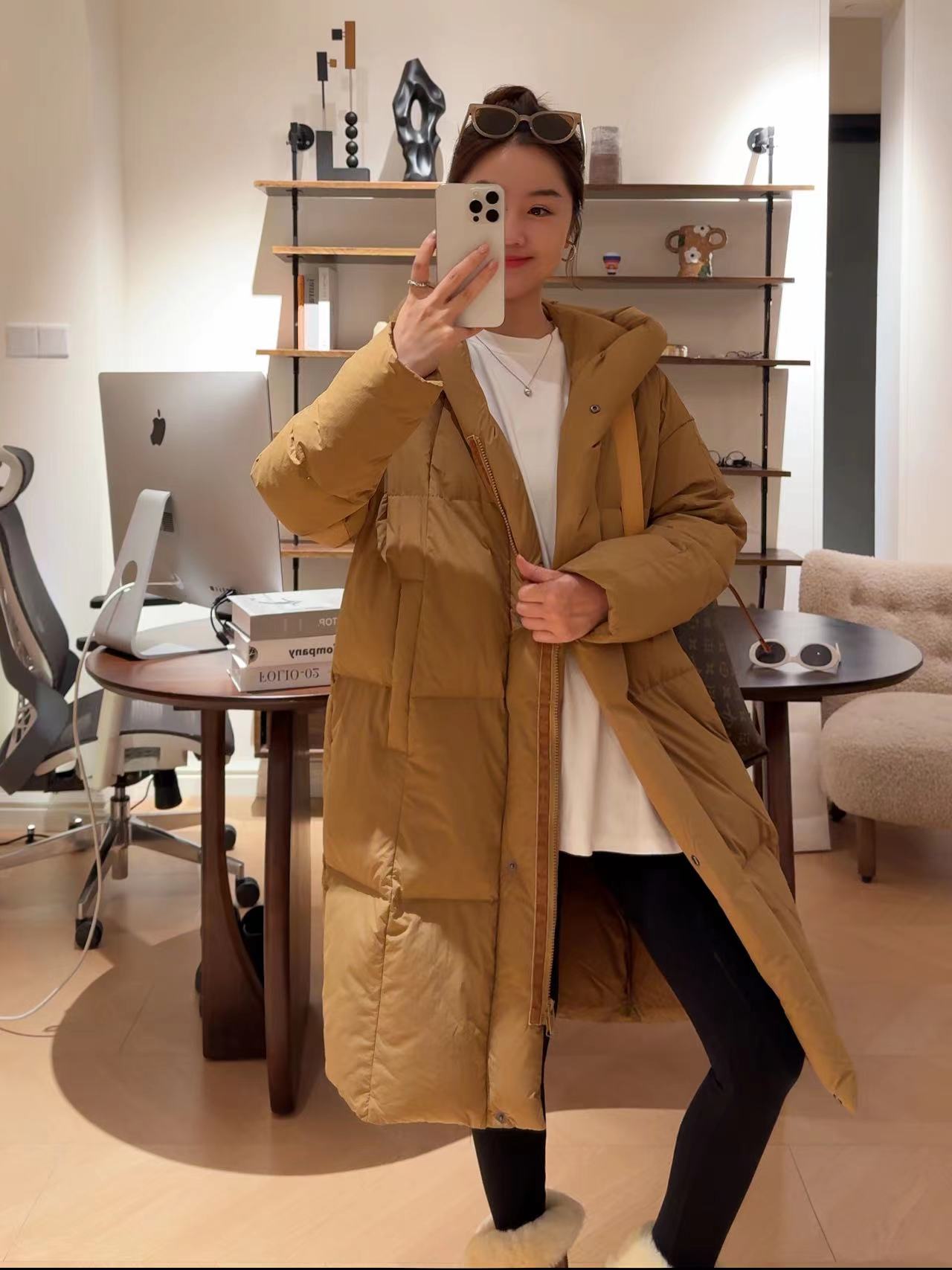 MANMANS加厚保暖大被子羽绒服 面包款休闲连帽长款宽松白鸭绒服女