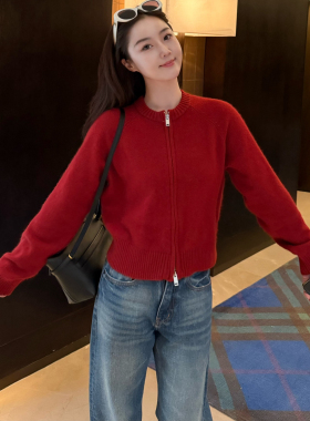 曹大曼 显白洋气车厘子红色双拉链休闲羊绒毛衣外套澳毛兔绒开衫