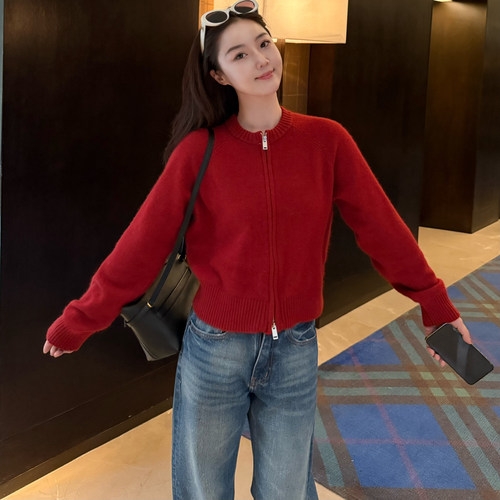 洋气厘子红色双拉链休闲羊绒毛衣
