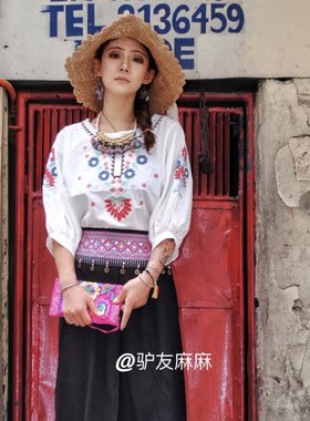 薄棉麻民族风刺绣上衣衫泡泡袖宽松娃娃领T恤波西米亚泰国度假夏