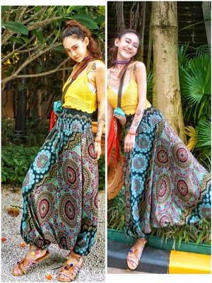 罗大娘泰国大裆裤阔腿沙滩长裤高腰瑜伽裤海边度假辣妹休闲民族风