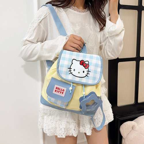 2026新款书包学院风双肩包可爱格子抽绳迷你凯蒂卡通背包手提包女