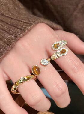 美拉德蛇形虎眼石开口戒指女独特设计感复古轻奢精致饰品食指戒指