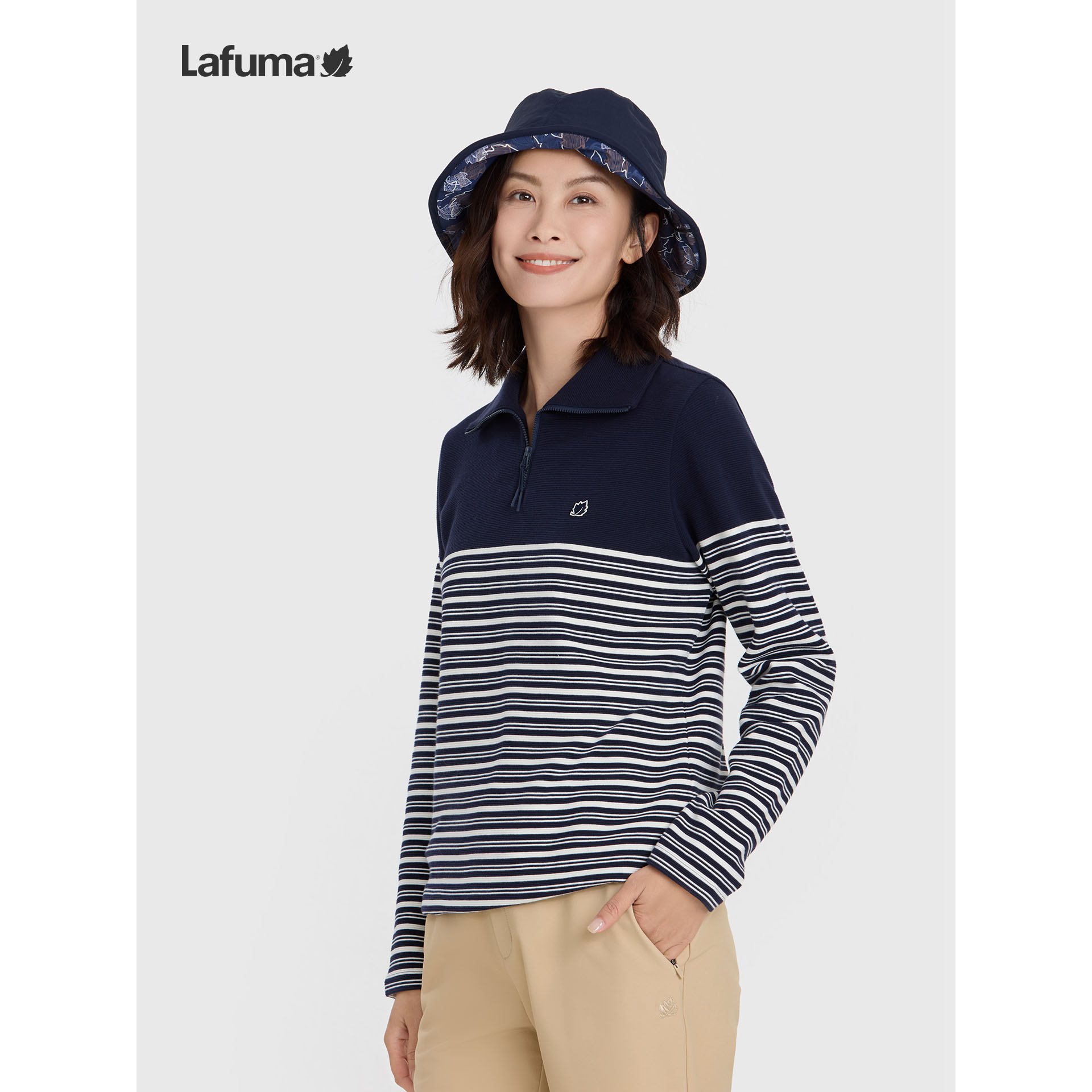 LAFUMA乐飞叶户外秋冬半拉链翻领长袖T恤女士时尚休闲条纹打底衫