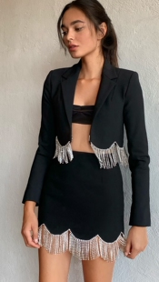 法式小众重工流苏钻链显瘦修身西装短外套+半身裙小包裙时尚套装