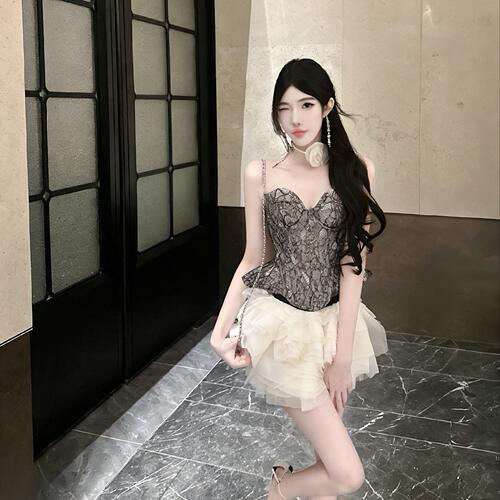 法式亮片刺绣蕾丝鱼骨抹胸吊带女