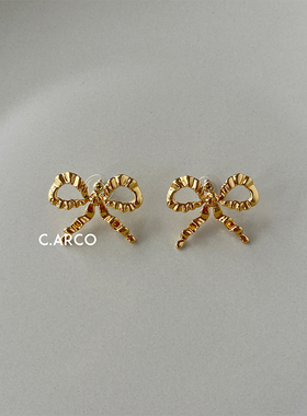 小众复古金色褶皱蝴蝶结耳环女 法式设计高级感时髦气质夸张耳钉