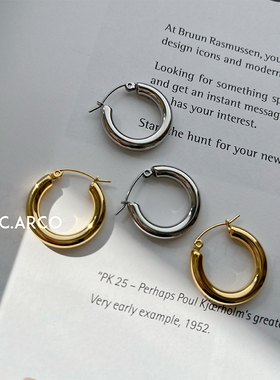 CARCO美式经典百搭粗圈耳环女 欧美简约设计钛钢圆圈耳饰不掉色