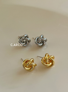 简约个性精致小巧立体打结耳钉女复古时尚高级感925银针耳环耳饰