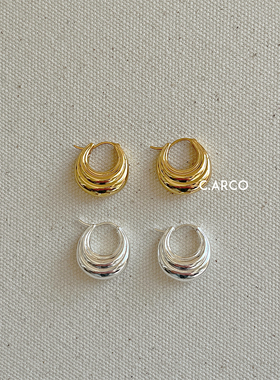 ins简约法式时髦冷淡风U形椭圆耳环小众设计多层水波纹耳钉耳饰女