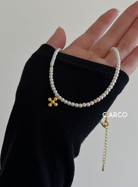 法式小众简约十字吊坠玻璃珍珠项链女 复古气质高级感短款锁骨链