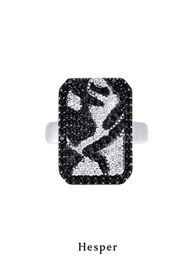 HESPER 厅系列黑白复古满钻玫瑰宝石925纯银开口戒 设计师品牌