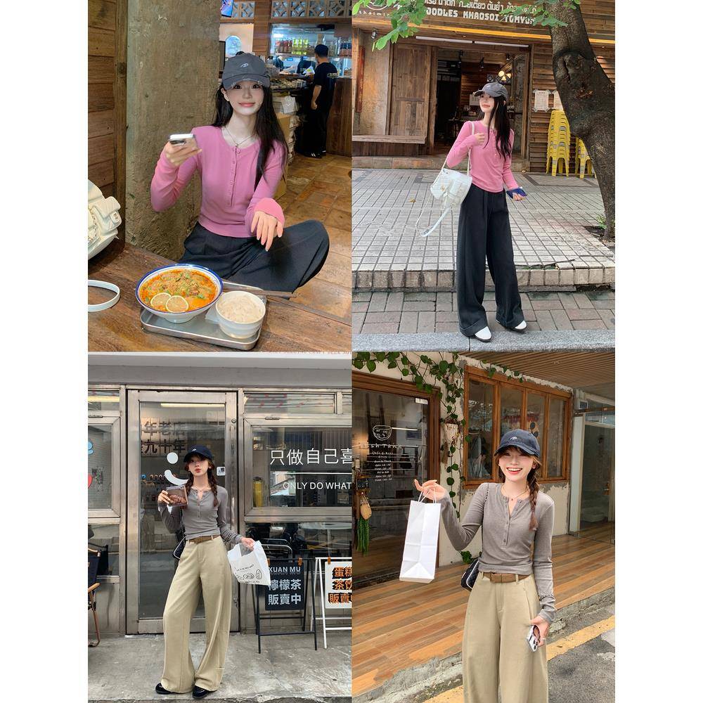 切糕自制小个子早秋新款女长袖t恤针织衫打底衫粉色内搭上衣