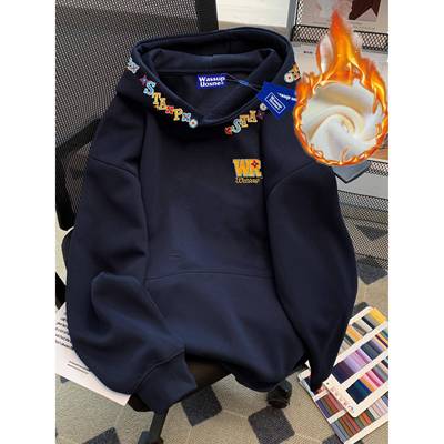 加绒加厚刺绣初中生连帽卫衣女款2025新款爆款时尚宽松慵懒风上衣