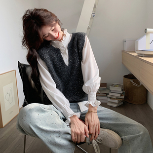 甜美衬衫 时尚 闪闪V领背心 气质款 两件套6123P135K198 新款