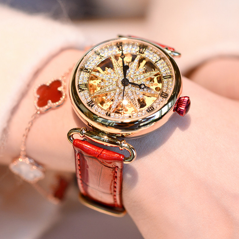蒂玮娜五芒星手表女士女款机械表奢华满钻红色圣诞礼物送女友老婆
