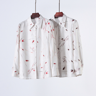 温柔儒雅 重磅真丝斜纹绸翻领印花桑蚕丝气质通勤长袖衬衫 上衣女