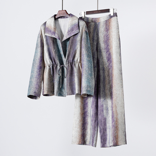 重磅真丝提花绉渐变许仙上衣+直筒长裤 桑蚕丝套装