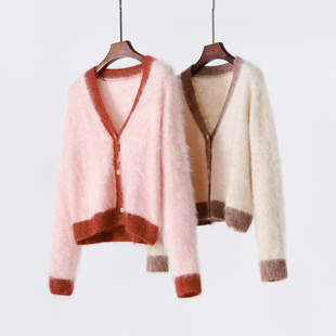 温柔系 撞色V领山羊绒拉绒针织开衫女短款毛绒外套