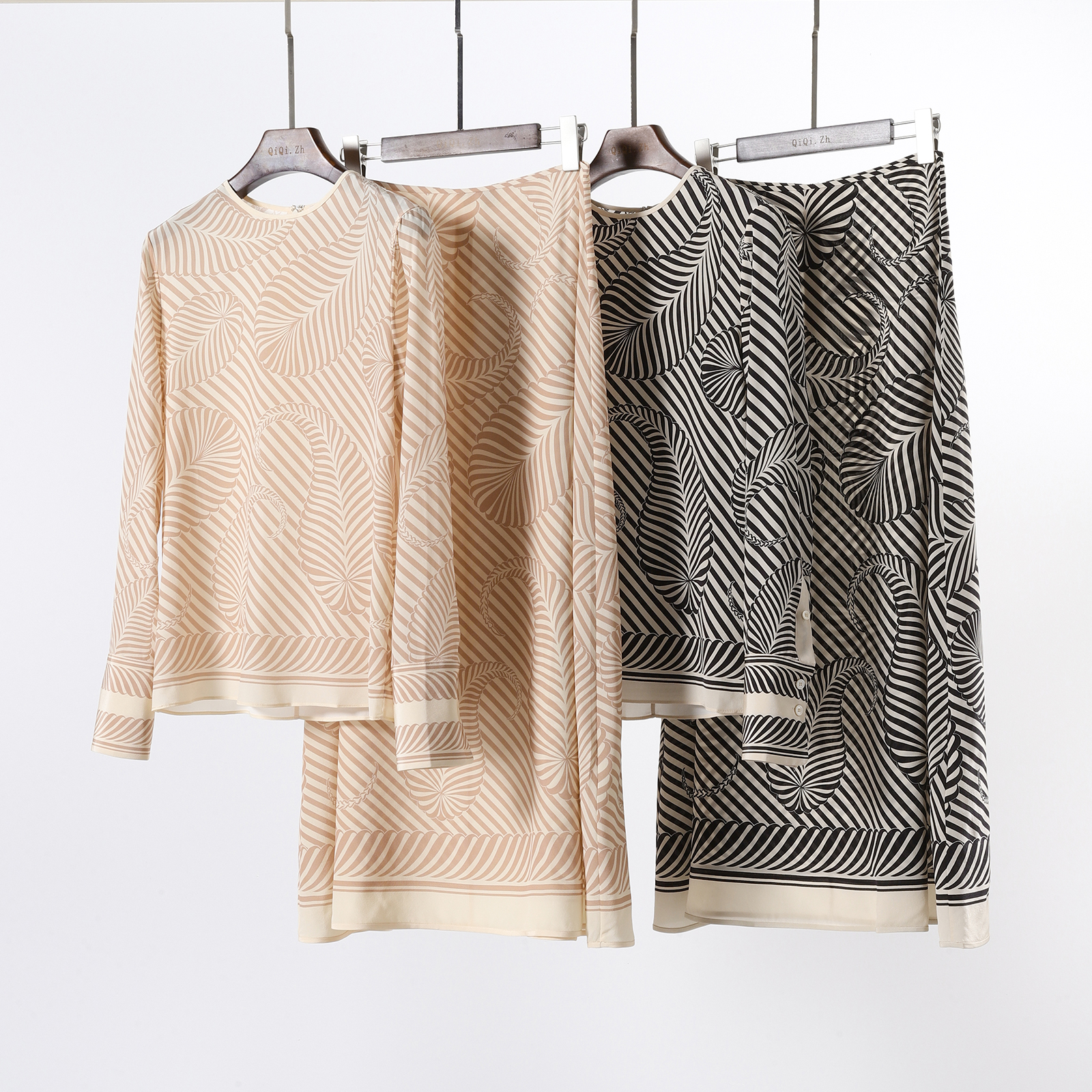 真丝圆领衬衫a字半身裙套装