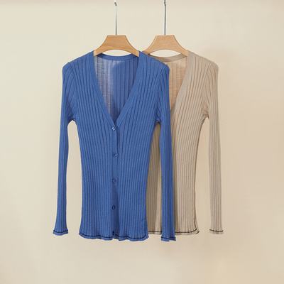 柔软亲肤精纺羊毛坑条针织开衫