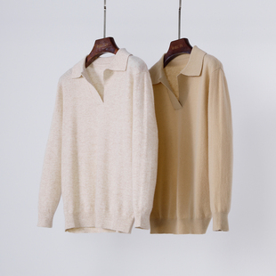 儒雅休闲polo领秋冬山羊绒女V领翻领休闲百搭纯色毛针织衫