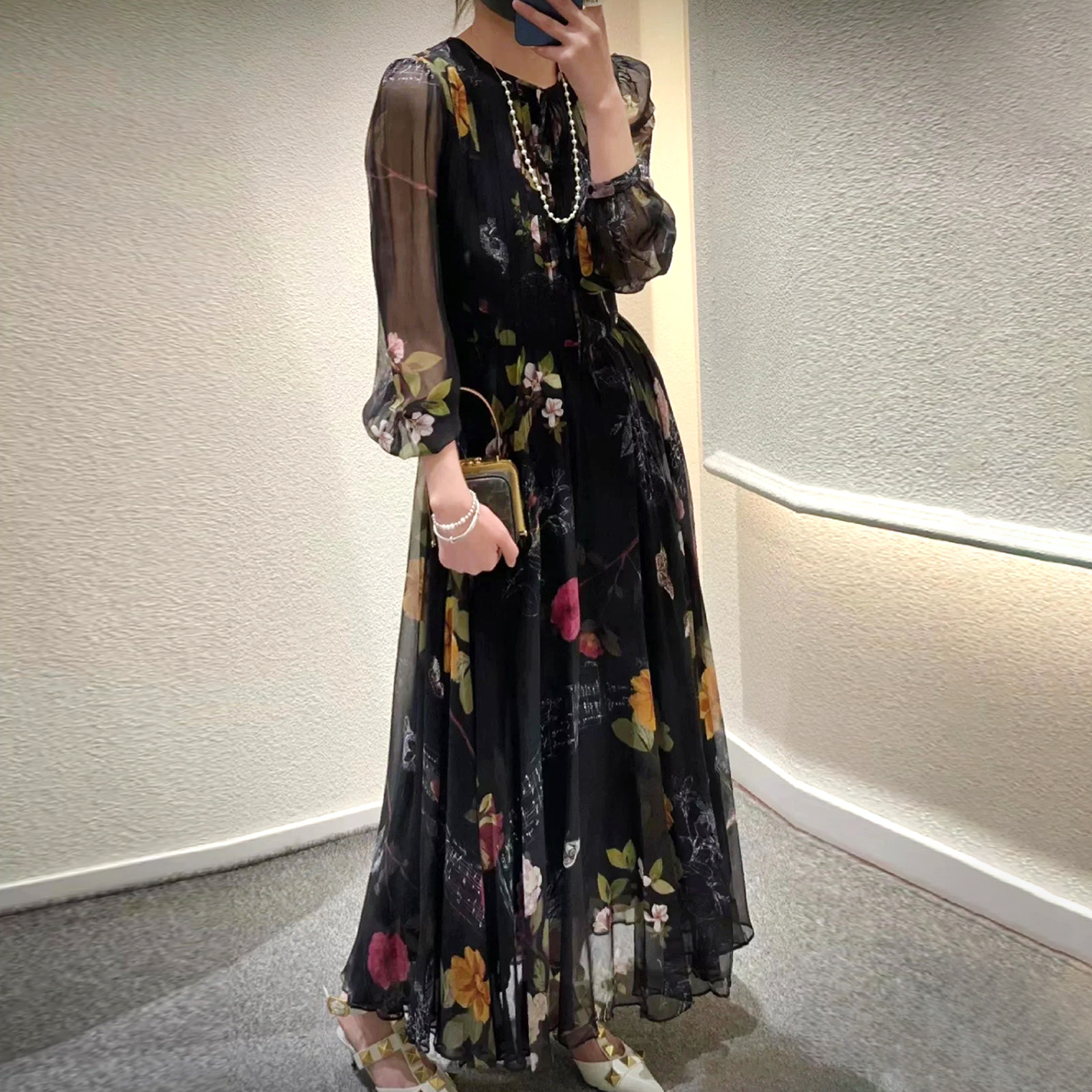 无售后！重磅好货！风琴褶双层真丝印花收腰大摆连衣裙桑蚕丝长裙