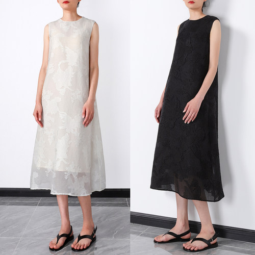 新中式国风真丝提花无袖连衣裙