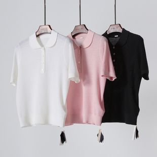 极细美丽诺羊毛 俏皮圆领真丝短袖POLO领短袖针织上衣