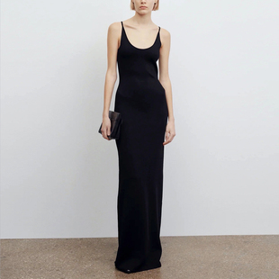 高级丝光垂感 显廋黑色吊带连衣裙 极简row双U领露背针织修身