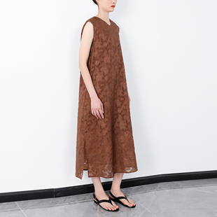 真丝红云纱立体佩斯利提花小v领无袖背心连衣裙 桑蚕丝开叉中长裙