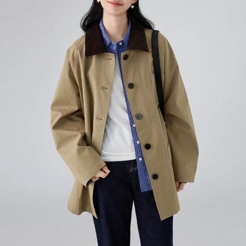 拼接撞色翻领中长款美式复古风衣