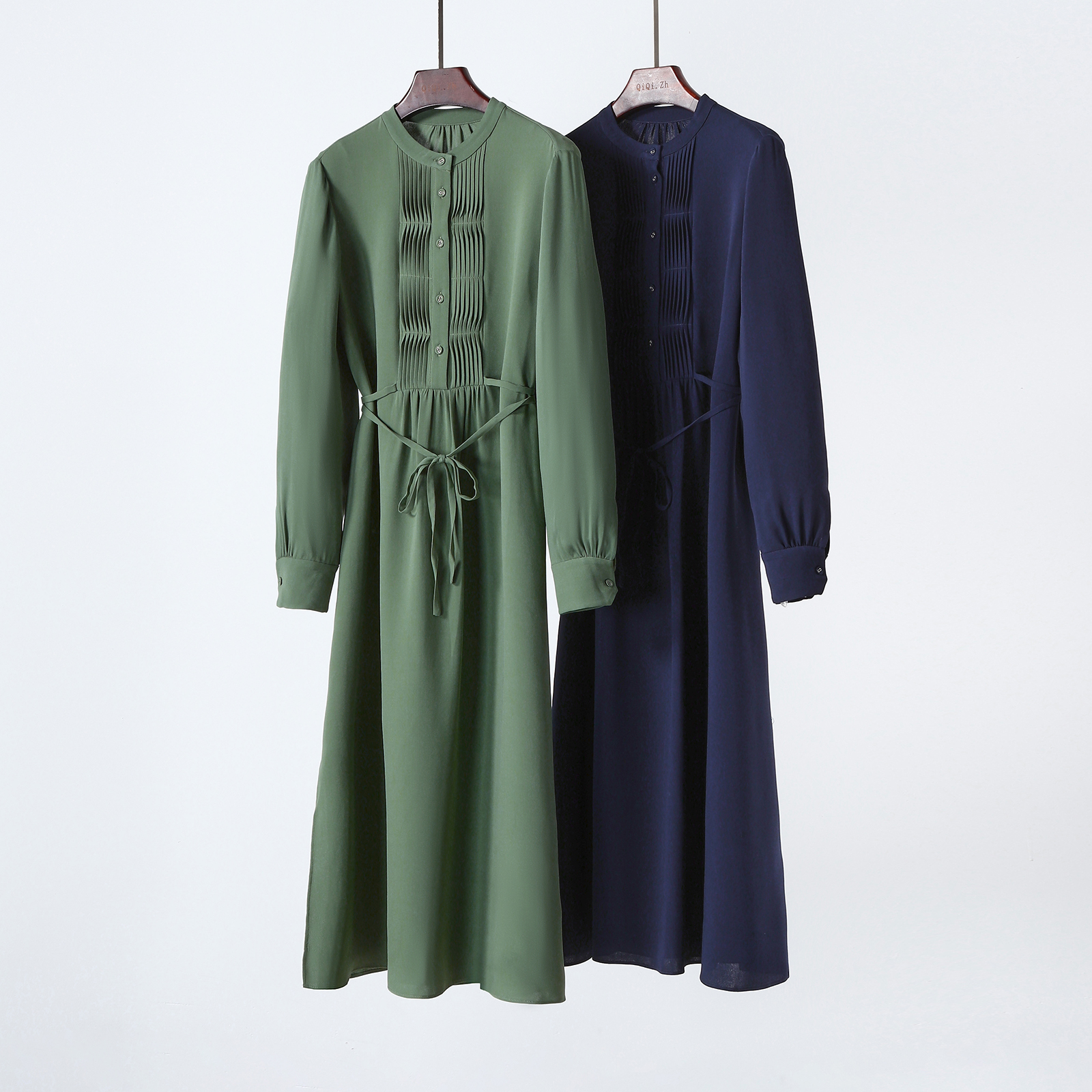 重磅真丝风琴褶系带长袖连衣裙