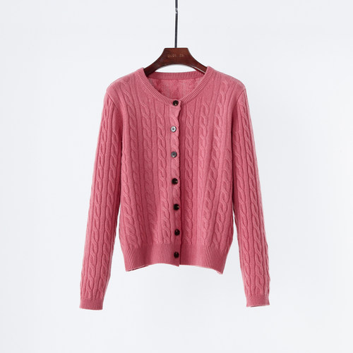 山羊绒绞花圆领短款显瘦开衫女