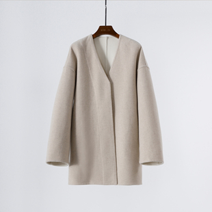 极简廓形手缝双面羊绒羊毛禅意V领中长款手工短大衣 毛呢外套