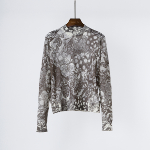 轻熟典雅 超细精纺羊毛成衣印花半高领亲肤修身针织打底衫 薄毛衣