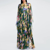 超大摆用料 双层真丝桑蚕丝印花长袖 连衣裙